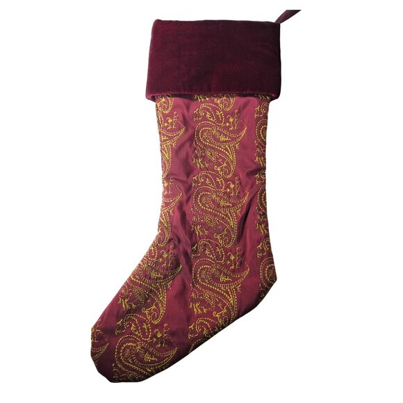 Set Of 4 stockings red Gold embroidered Christmas Velvet Cuffs Paisley Design - Picture 2 of 11